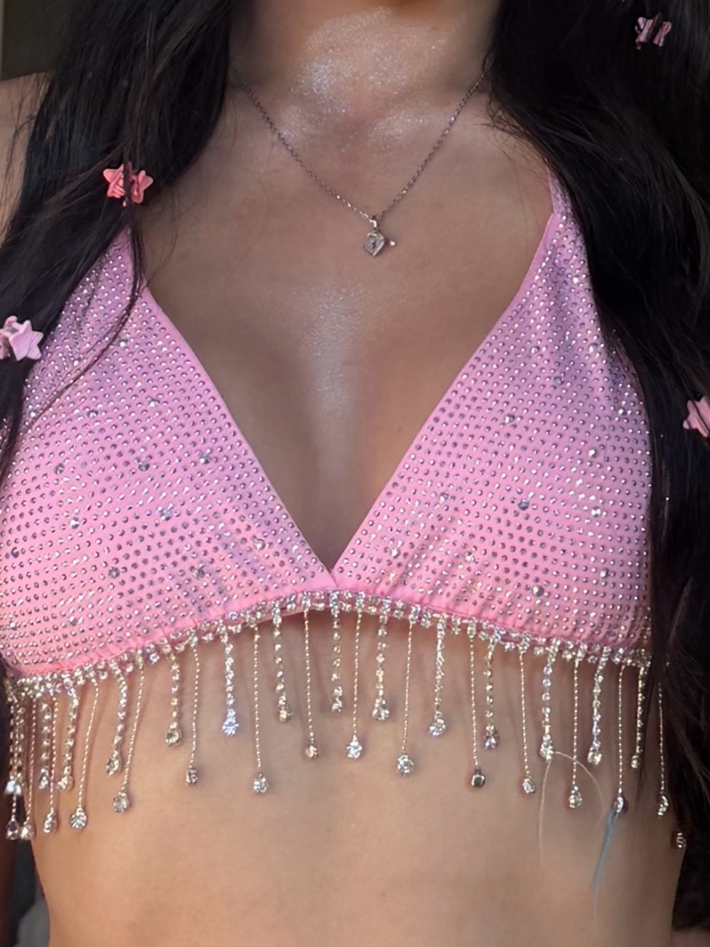 Pink Rhinestone Fringe Bra Top with - Picture 2 of 3